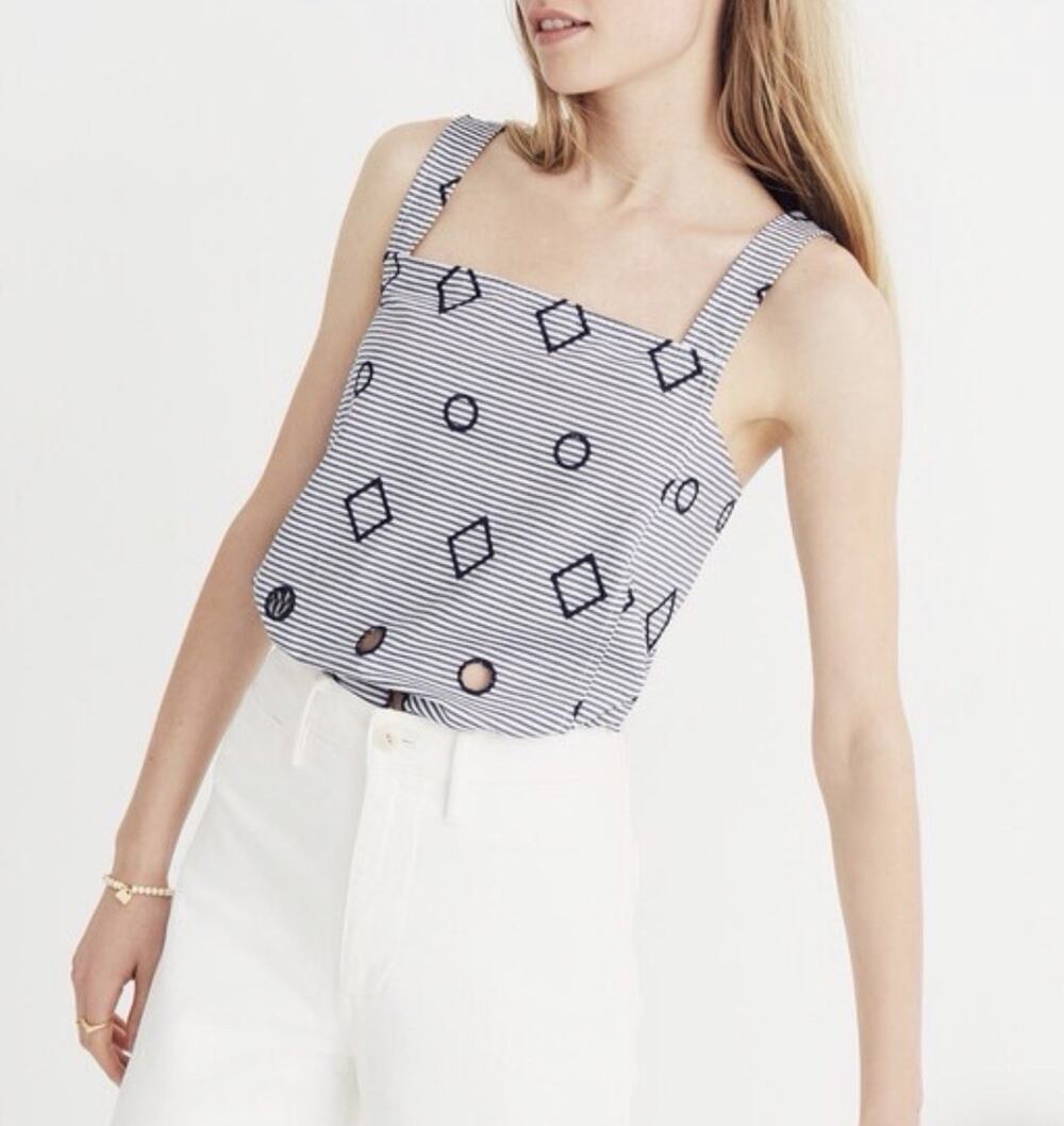 Madewell Embroidered Stripe Apron Top Size 8 Cottage Core Costal Blue & White